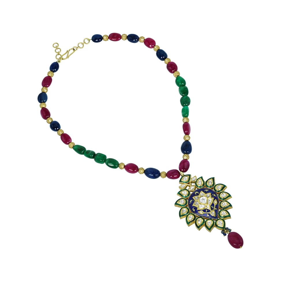 Gemstone Bead Necklace with Polki Meenakari Pendant and Ruby Drop